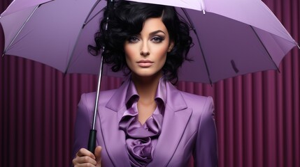 A female dressed in purple suit with open umbrella on purple background. Generative AI.