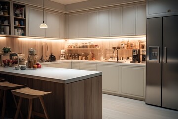 A kitchen with a white and light brown color scheme with night lighting. Generative AI.