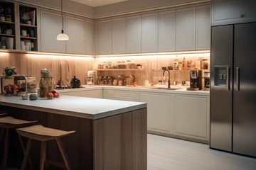 Fototapeten A kitchen with a white and light brown color scheme with night lighting. Generative AI. © visoot