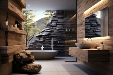 Bathroom design with natural materials. Generative AI.