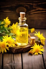 a bottle of oil with yellow flowers