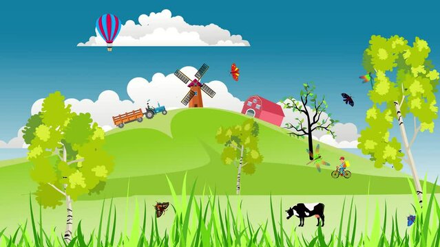 Landscape willage farmland in countryside landscape 2d animation cartoon