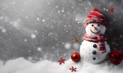 Christmas and New Year holiday background. Xmas greeting card. Christmas banner with blank space for text, snowman in the snow, christmas decorations