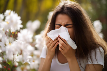 Pollen allergy concept with sneezing woman in fornt of blooming spring flowers