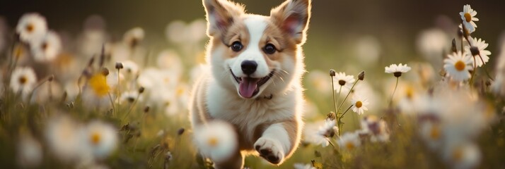 Corgi puppy dog running in a field of flowers, panorama