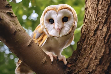 Tuinposter Barn owl siting in tree © Firn