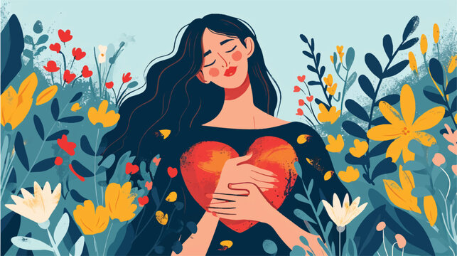 Woman with hand on kind heart feeling self love vector illustration