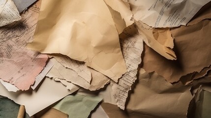 close up top view full vintage of Paper Scraps cutouts of authentic paper textures vintage...