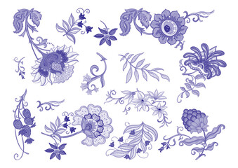 Fantasy flowers in retro, vintage, jacobean embroidery style. Millefleurs trendy floral design. Clip art, set of elements for design Vector illustration.