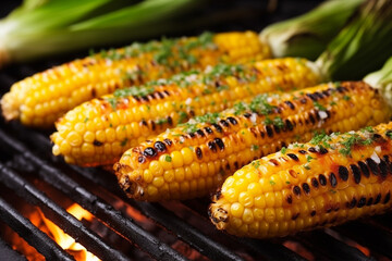 Cooked corn cobs with herbs and spices on barbecue grill - Powered by Adobe