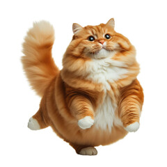 Funny fat ginger cat jumping isolated on transparent background.