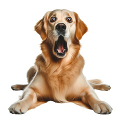 Cute golden retriever dog with open mouth isolated on transparent background. The dog is looking and shocked.