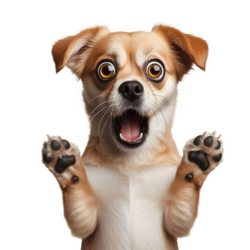 Funny dog with paws up on a transparent background. The dog is looking and shocked.