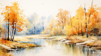Watercolor paintings autumn landscape