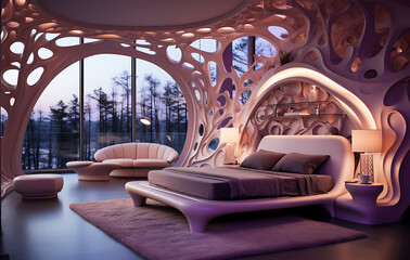 Fototapeta premium A purple deep and light color bedroom interior design