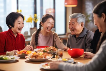 Happy Chinese family eats dinner on Chinese New Year. - obrazy, fototapety, plakaty