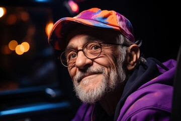 Elderly gentleman in hat locks eyes with camera, diverse active seniors pictures