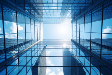 blue glass window office building from an upward angle, with blue sky and white clouds