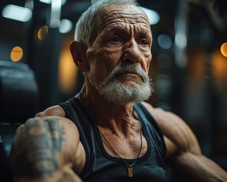 An elderly man bodybuilding in a fitness center, diverse active seniors pictures