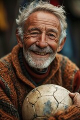 Grandpa with a soccer ball smiles for fun, active seniors lifestyle images