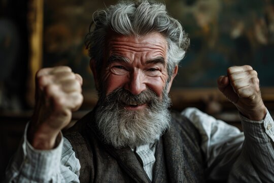 A joyful older man with a beard celebrates with raised fists, active seniors lifestyle images