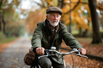 Fototapeta na wymiar Elderly gentleman cycling in cold weather, active seniors lifestyle images