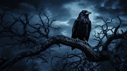 A dramatic representation of a crow perched on a spooky, gnarled tree branch against a backdrop of an eerie moonlit night - obrazy, fototapety, plakaty