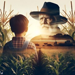 Double exposure photography of old male farmer looking back at his childhood days, reminiscing over his nostalgia of cornfields in his younger days. - obrazy, fototapety, plakaty