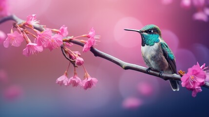 A small hummingbird delicately balanced on a slender branch, captured in a moment of stillness amidst a vibrant garden