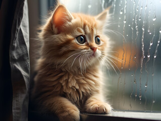 Naklejka premium Cute ginger kitten sitting on the window and looking at the rain
