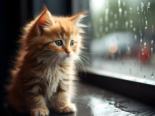 Cute ginger kitten sitting on the window and looking at the rain