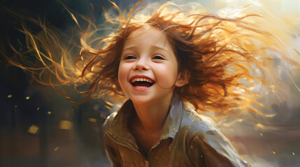 A happy and excited girl laughing and running flying