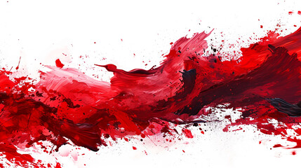 Isolated on a white background, abstract red splashes, paint strokes, and grunge stains create a dynamic and expressive composition.