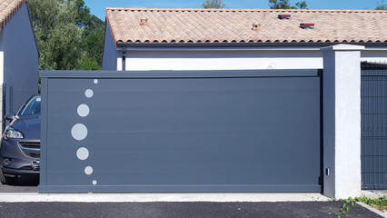 door facade aluminum modern dark gray metal gate to house with portal to access home garage