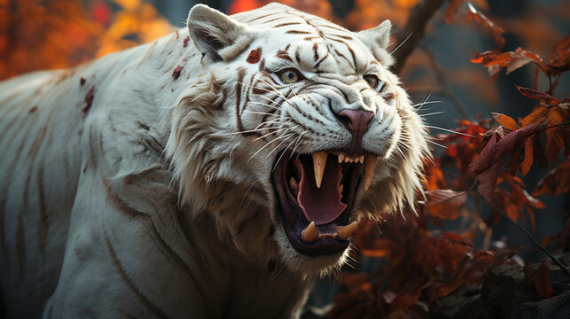 Mythical white tiger with open mouth, walking down the rocks in the forest