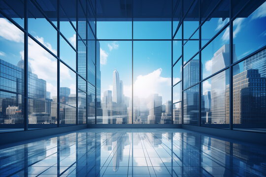 Background image of blue office building glass windows with skyscrapers in the background
