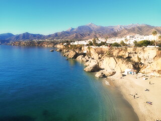 Photograph of tourist spaces in the town of Nerja, Málaga, one of the white villages of Andalusia, Spain, Calahonda beach, photography from the balcony of Europe, Mediterranean Sea, 