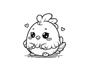 Cute Cartoon Character of Chicken for coloring book without color, outline line art.  Printable Design. isolated white background