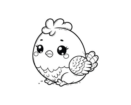 Cute Cartoon Character of Chicken for coloring book without color, outline line art.  Printable Design. isolated white background