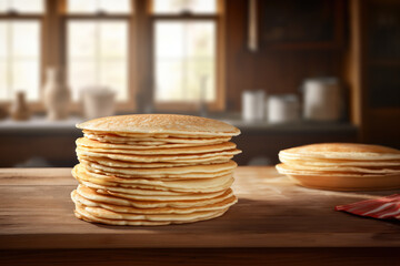 A generous stack of golden pancakes ready for a topping, on a rustic wooden table with a homely kitchen backdrop. - obrazy, fototapety, plakaty