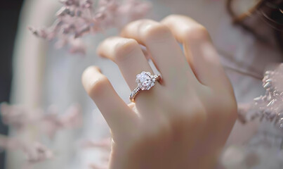 wedding diamond ring on woman finger - obrazy, fototapety, plakaty