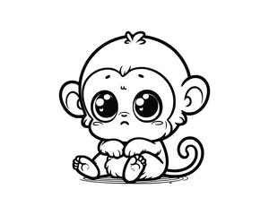 Cute Cartoon Character of Monkey for coloring book without color, outline line art.  Printable Design. isolated white background