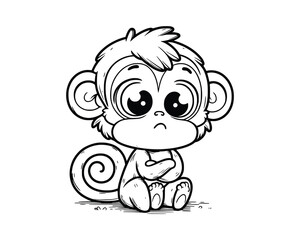 Cute Cartoon Character of Monkey for coloring book without color, outline line art.  Printable Design. isolated white background