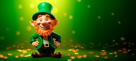 St. Patricks day 3D leprachaun character on green background. horizontal banner card or wallpaper, copy space for text - obrazy, fototapety, plakaty