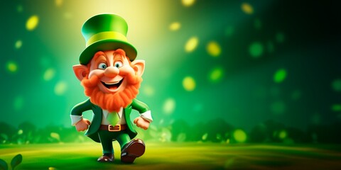 St. Patricks day 3D leprachaun character on green background. horizontal banner card or wallpaper, copy space for text