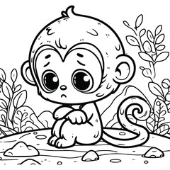 Cute Cartoon Character of Monkey for coloring book without color, outline line art.  Printable Design. isolated white background