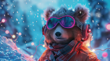 Whimsical Skiing Bear in Vibrant Winter Wonderland