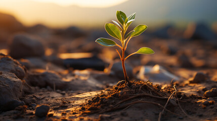 Young plants emerge from the sand, vast desert