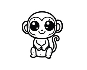 Cute Cartoon Character of Monkey for coloring book without color, outline line art.  Printable Design. isolated white background