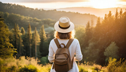 Woman traveler with backpack holding hat enjoying the view of mountains in nature 